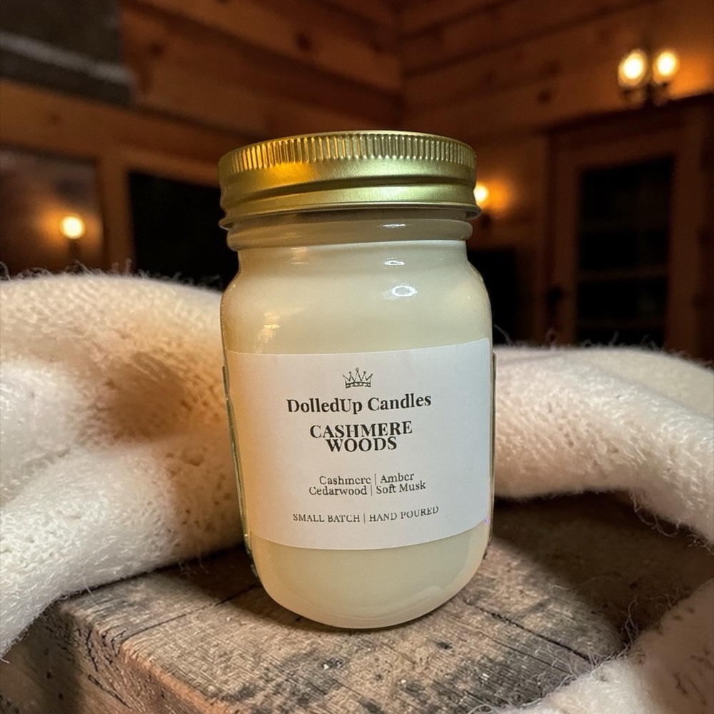 16oz Cashmere Woods Soy Candle Mason Jar | Warm Amber Woods